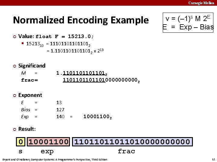 Carnegie Mellon Normalized Encoding Example ¢ v = (– 1)s M 2 E E