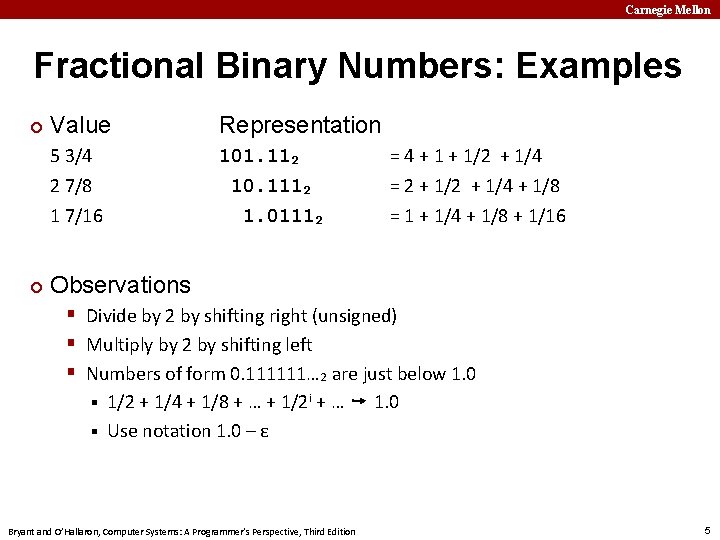 Carnegie Mellon Fractional Binary Numbers: Examples ¢ ¢ Value Representation 5 3/4 2 7/8