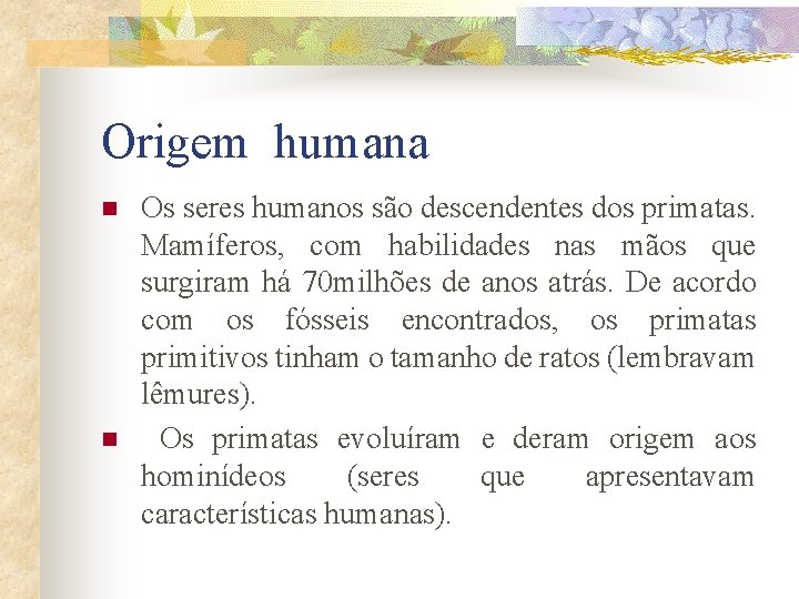 Origem humana n n Os seres humanos são descendentes dos primatas. Mamíferos, com habilidades