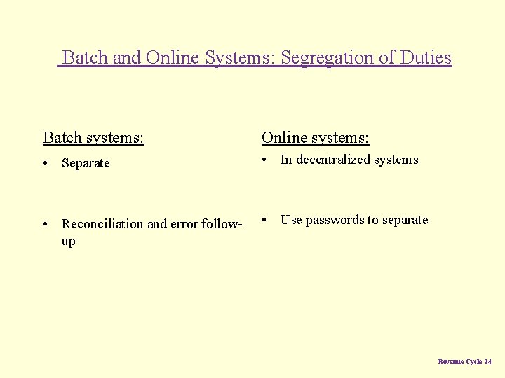 Batch and Online Systems: Segregation of Duties Batch systems: Online systems: • Separate •