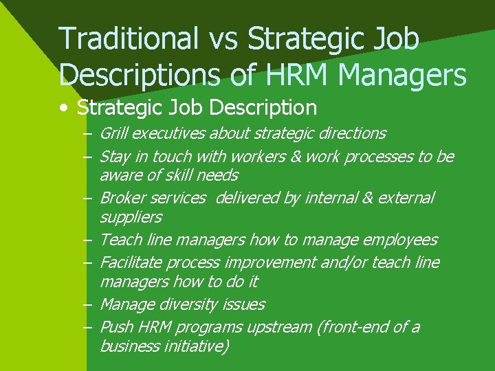 Traditional vs Strategic Job Descriptions of HRM Managers • Strategic Job Description – Grill