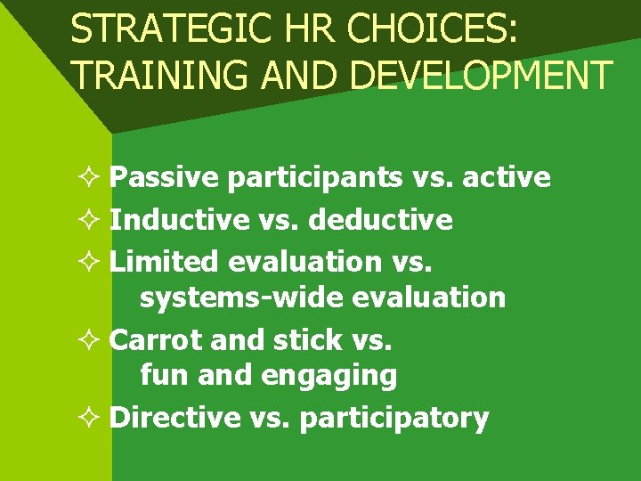 STRATEGIC HR CHOICES: TRAINING AND DEVELOPMENT ² Passive participants vs. active ² Inductive vs.