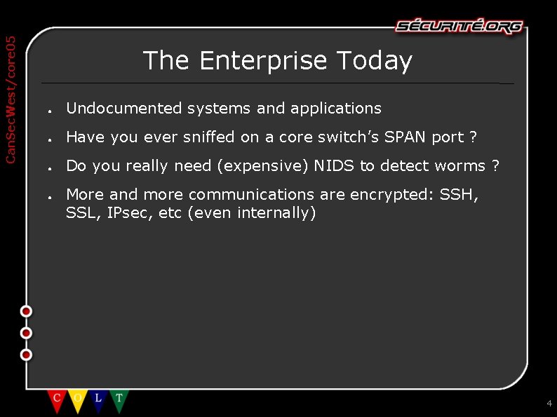 Can. Sec. West/core 05 The Enterprise Today ● Undocumented systems and applications ● Have