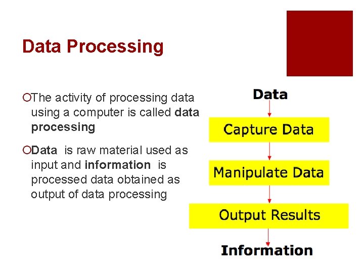 Data Processing ¡The activity of processing data using a computer is called data processing