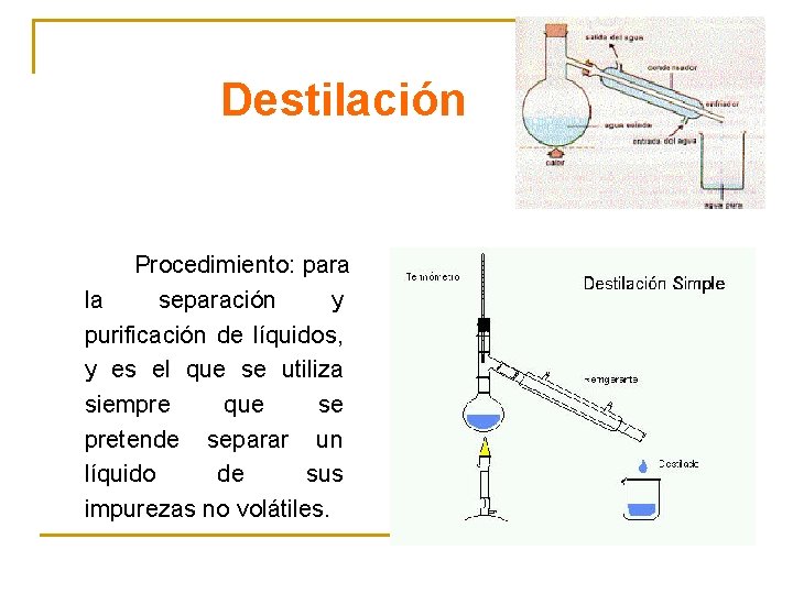 Destilación Procedimiento: para la separación y purificación de líquidos, y es el que se