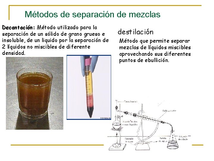 Métodos de separación de mezclas Decantación: Método utilizado para la separación de un sólido