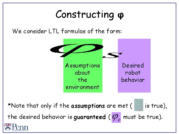 Constructing φ We consider LTL formulas of the form: Assumptions about the environment Desired