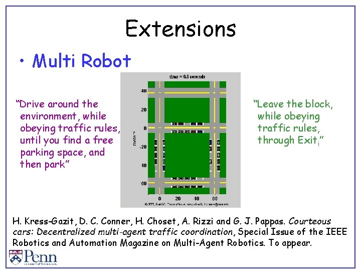 Extensions • Multi Robot “Drive around the environment, while obeying traffic rules, until you