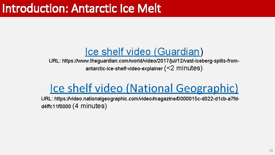 Introduction: Antarctic Ice Melt Ice shelf video (Guardian) URL: https: //www. theguardian. com/world/video/2017/jul/12/vast-iceberg-splits-fromantarctic-ice-shelf-video-explainer (<2