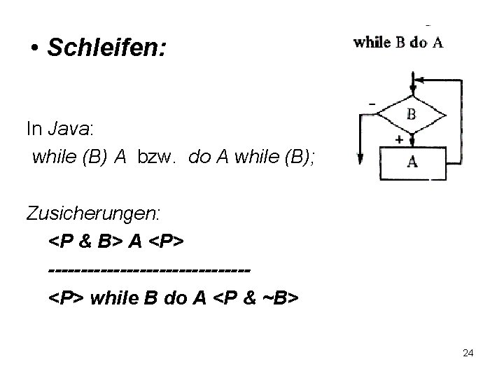  • Schleifen: In Java: while (B) A bzw. do A while (B); Zusicherungen: