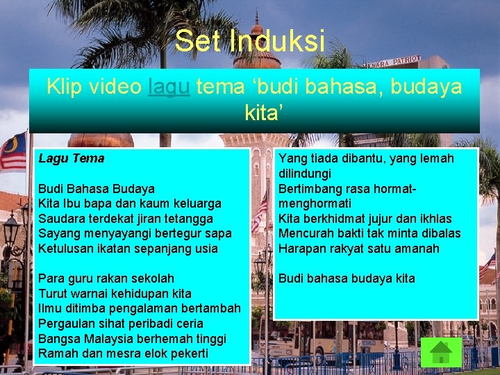 Set Induksi Klip video lagu tema ‘budi bahasa, budaya kita’ Lagu Tema Budi Bahasa