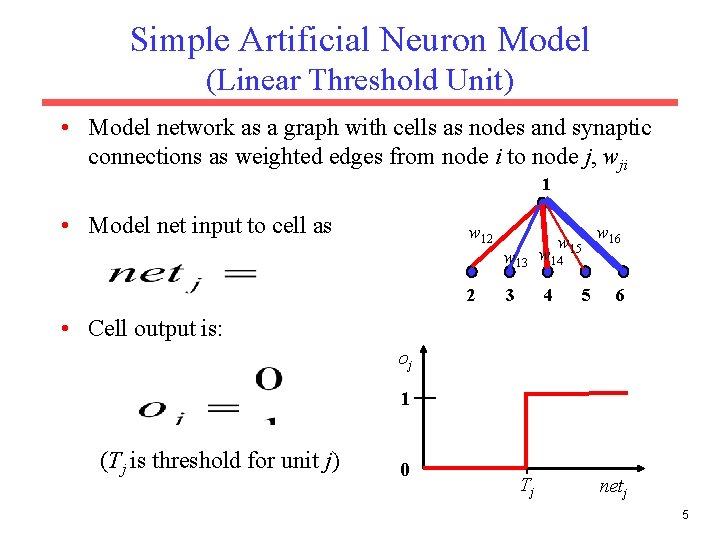 Simple Artificial Neuron Model (Linear Threshold Unit) • Model network as a graph with