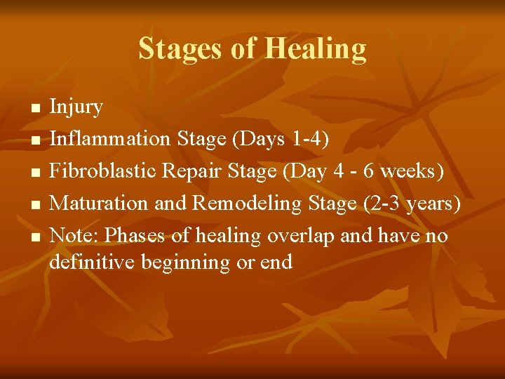 Stages of Healing n n n Injury Inflammation Stage (Days 1 -4) Fibroblastic Repair