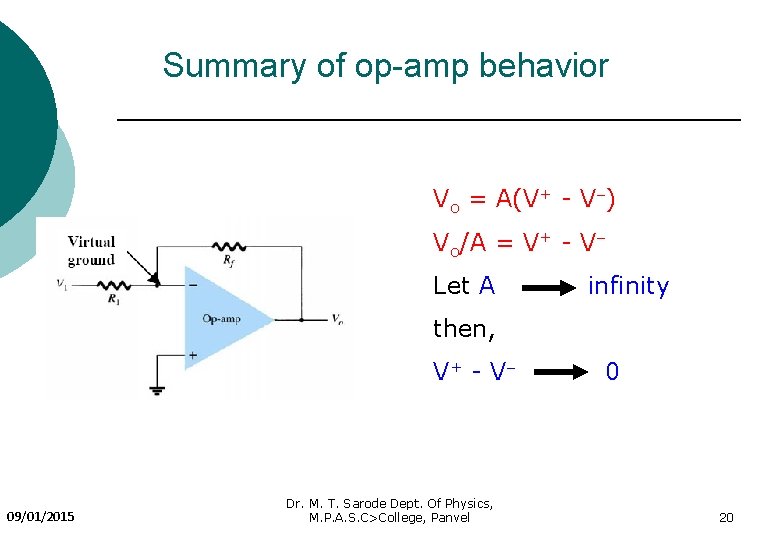 Summary of op-amp behavior Vo = A(V+ - V ) Vo/A = V+ -
