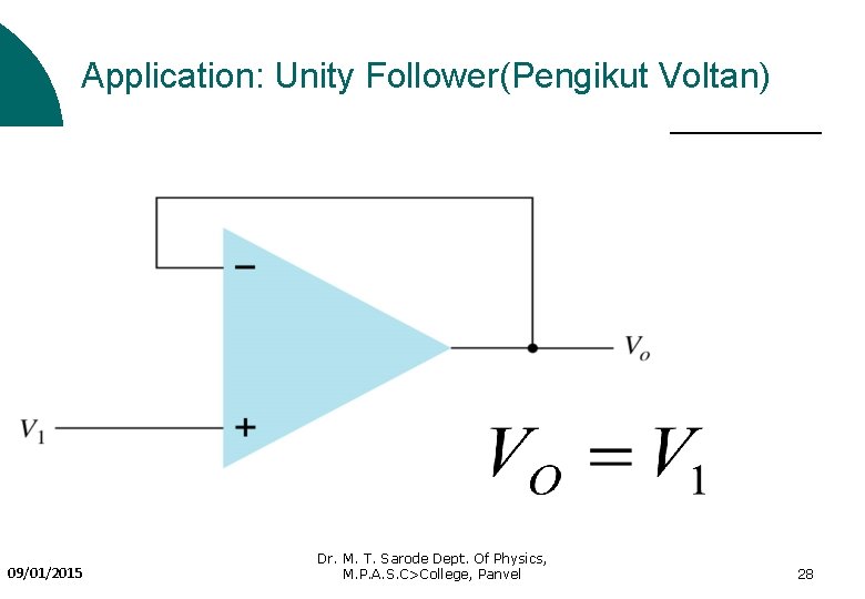 Application: Unity Follower(Pengikut Voltan) 09/01/2015 Dr. M. T. Sarode Dept. Of Physics, M. P.