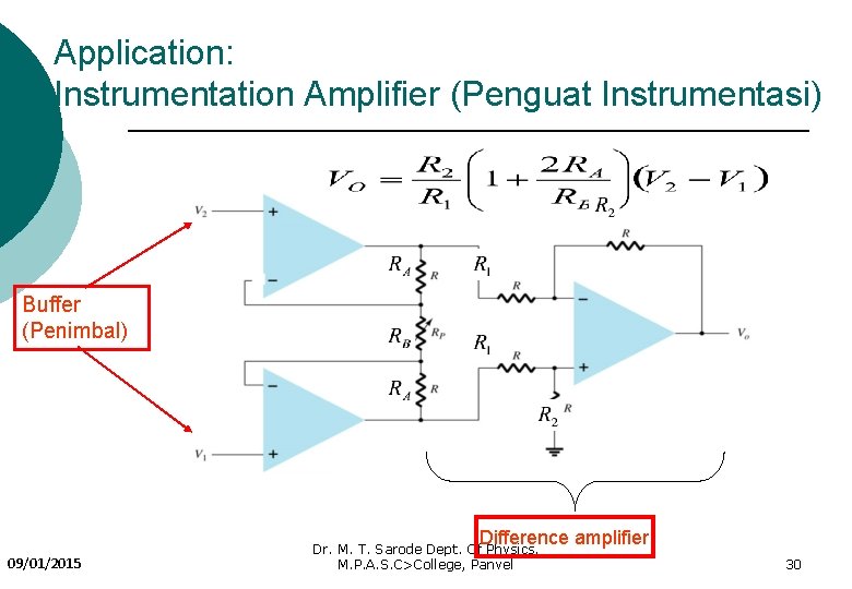 Application: Instrumentation Amplifier (Penguat Instrumentasi) Buffer (Penimbal) Difference amplifier 09/01/2015 Dr. M. T. Sarode