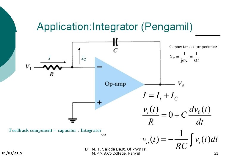 Application: Integrator (Pengamil) I IC Feedback component = capacitor : Integrator 09/01/2015 Dr. M.