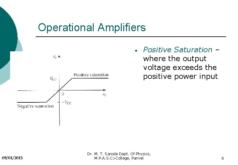 Operational Amplifiers 09/01/2015 Positive Saturation – where the output voltage exceeds the positive power