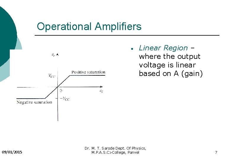 Operational Amplifiers 09/01/2015 Linear Region – where the output voltage is linear based on