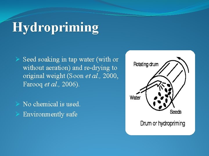 Hydropriming Ø Seed soaking in tap water (with or without aeration) and re-drying to