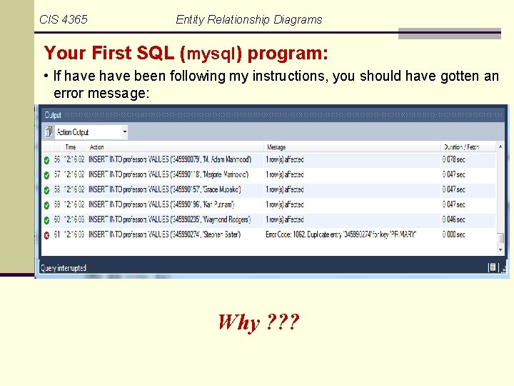 CIS 4365 Entity Relationship Diagrams Your First SQL (mysql) program: • If have been