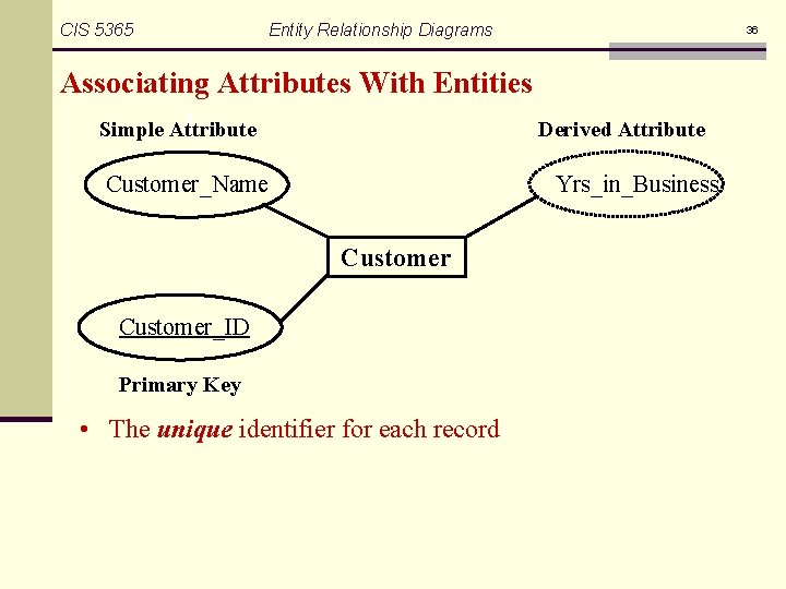 CIS 5365 Entity Relationship Diagrams 36 Associating Attributes With Entities Simple Attribute Derived Attribute