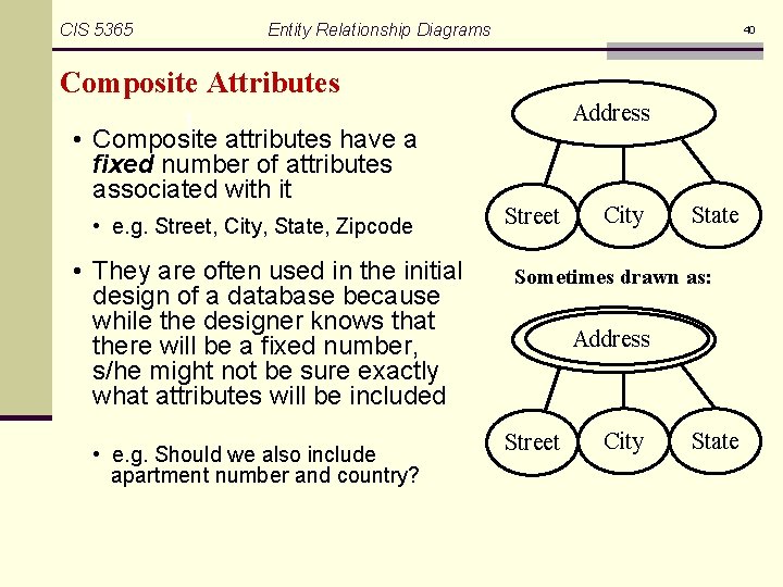CIS 5365 Entity Relationship Diagrams 40 Composite Attributes • Composite attributes have a fixed