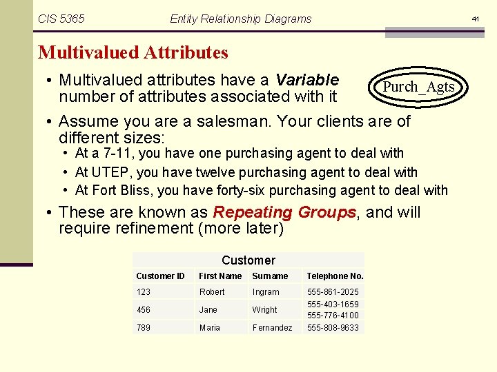 CIS 5365 Entity Relationship Diagrams 41 Multivalued Attributes • Multivalued attributes have a Variable