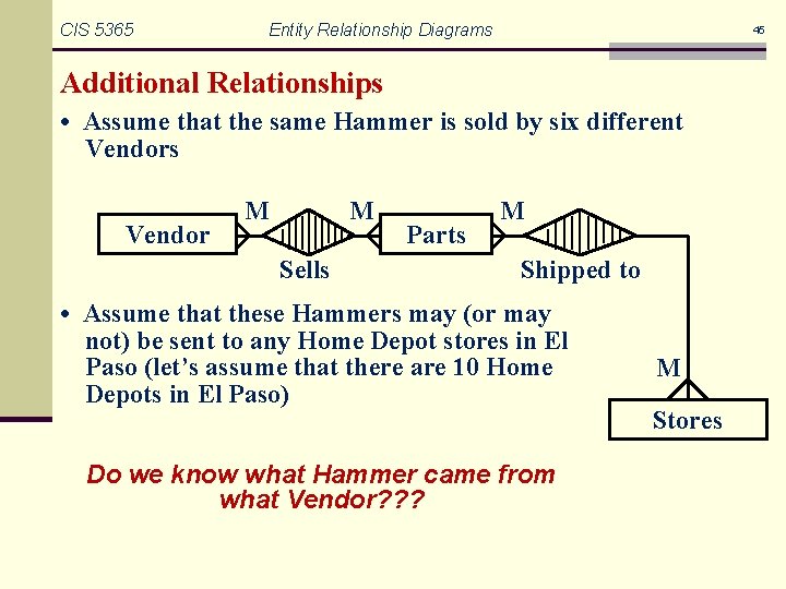 CIS 5365 Entity Relationship Diagrams 45 Additional Relationships • Assume that the same Hammer