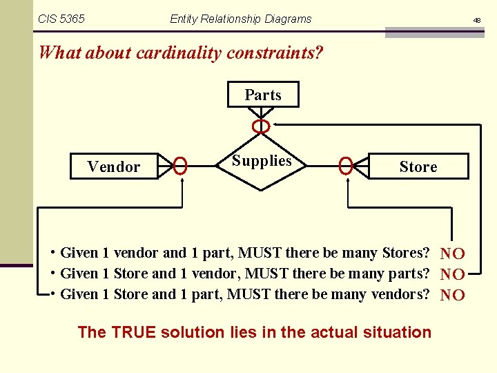 CIS 5365 Entity Relationship Diagrams 48 What about cardinality constraints? Parts Vendor Supplies Store