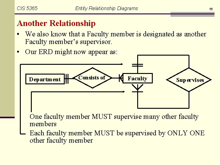 CIS 5365 Entity Relationship Diagrams 55 Another Relationship • We also know that a