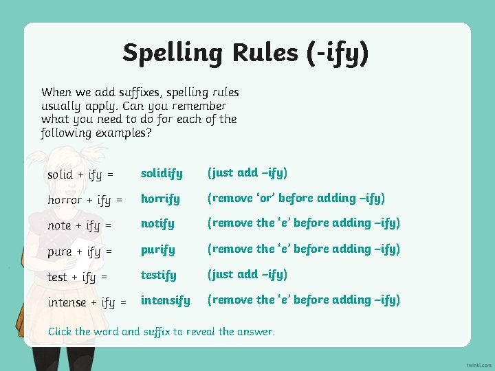 Spelling Rules (-ify) When we add suffixes, spelling rules usually apply. Can you remember