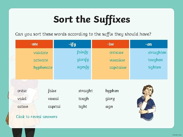 Sort the Suffixes Can you sort these words according to the suffix they should