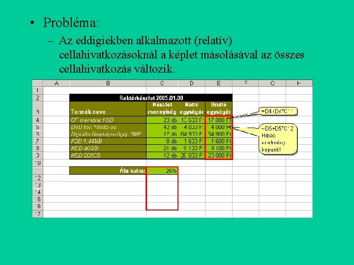  • Probléma: – Az eddigiekben alkalmazott (relatív) cellahivatkozásoknál a képlet másolásával az összes