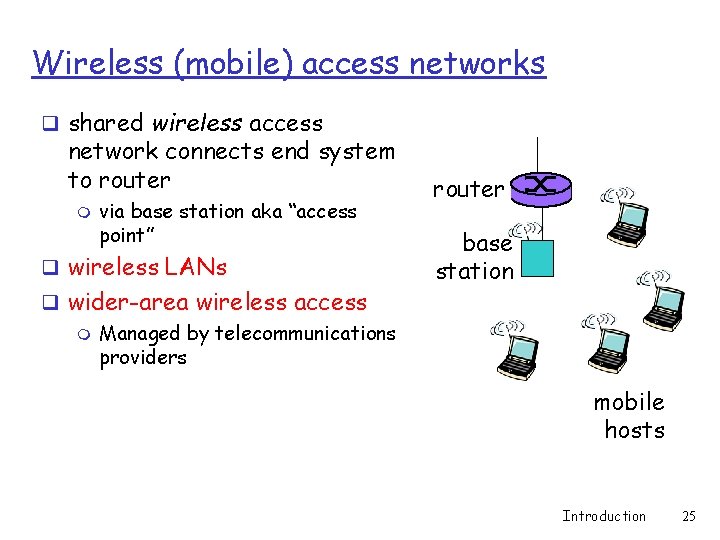 Wireless (mobile) access networks q shared wireless access network connects end system to router Wireless (mobile) access networks q shared wireless access network connects end system to router