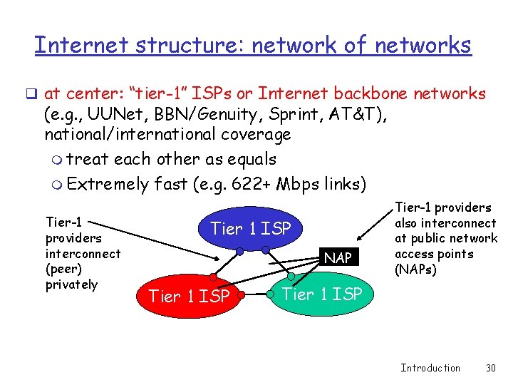 Internet structure: network of networks q at center: “tier-1” ISPs or Internet backbone networks Internet structure: network of networks q at center: “tier-1” ISPs or Internet backbone networks