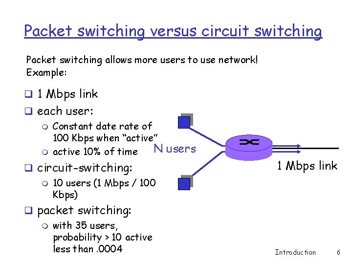 Packet switching versus circuit switching Packet switching allows more users to use network! Example: Packet switching versus circuit switching Packet switching allows more users to use network! Example: