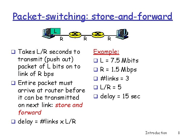 Packet-switching: store-and-forward L R q Takes L/R seconds to R transmit (push out) packet Packet-switching: store-and-forward L R q Takes L/R seconds to R transmit (push out) packet