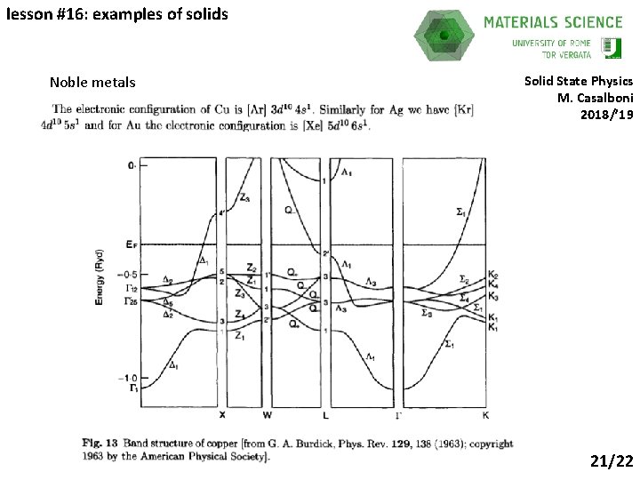 lesson #16: examples of solids Noble metals Solid State Physics M. Casalboni 2018/’ 19