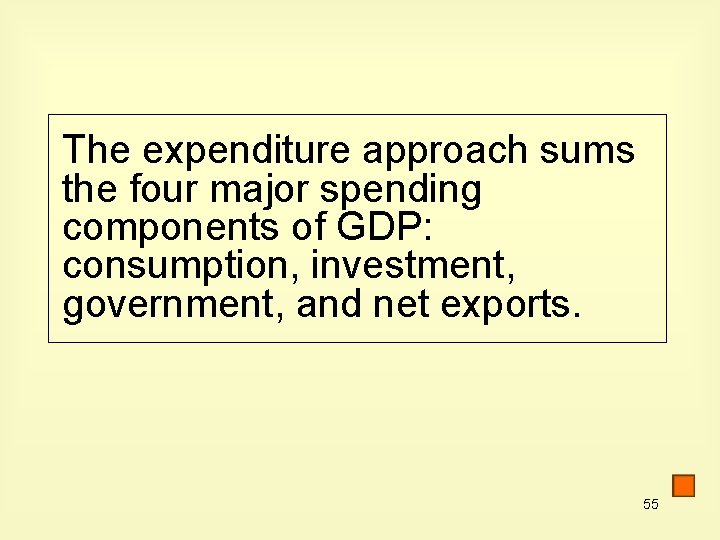 The expenditure approach sums the four major spending components of GDP: consumption, investment, government,