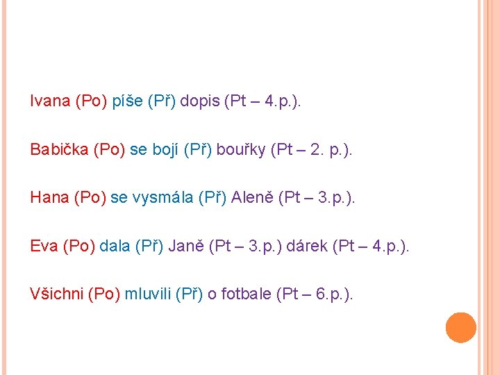 Ivana (Po) píše (Př) dopis (Pt – 4. p. ). Babička (Po) se bojí