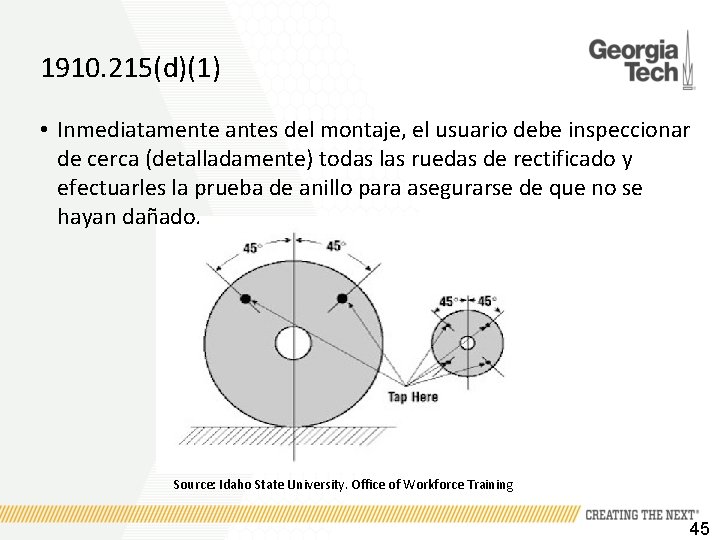 1910. 215(d)(1) • Inmediatamente antes del montaje, el usuario debe inspeccionar de cerca (detalladamente)