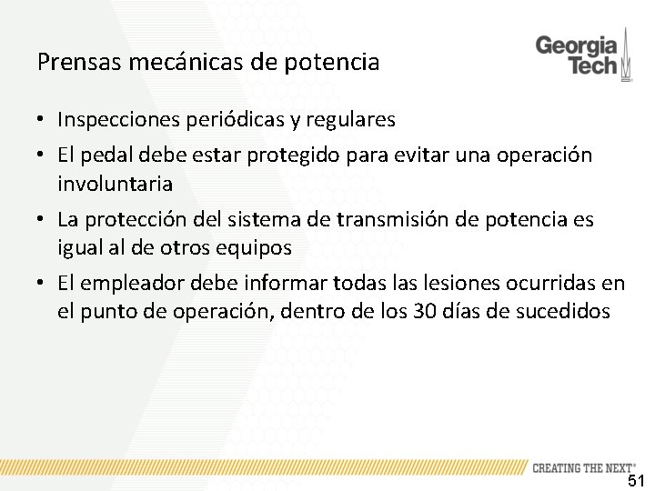 Prensas mecánicas de potencia • Inspecciones periódicas y regulares • El pedal debe estar