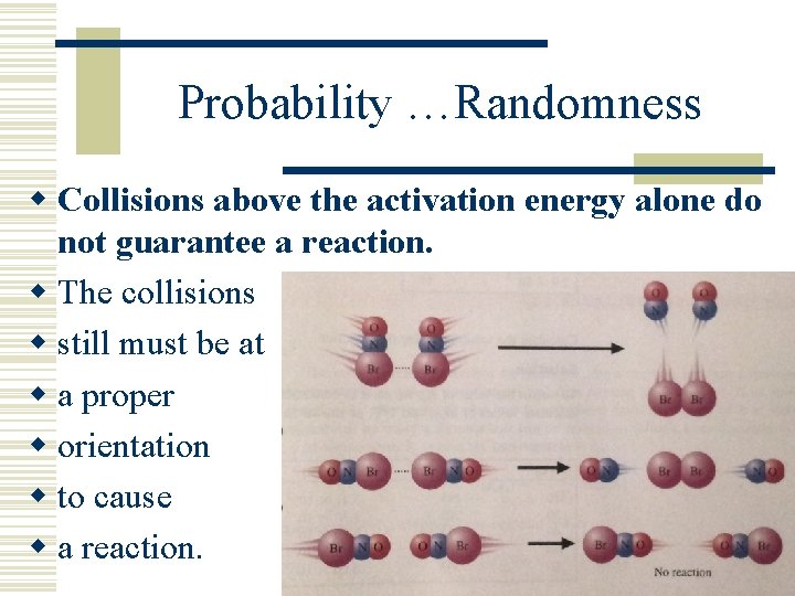 Probability …Randomness w Collisions above the activation energy alone do not guarantee a reaction.