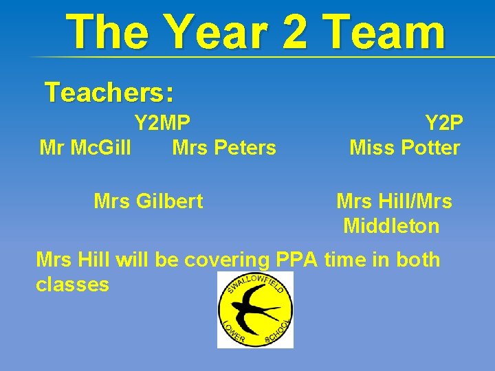 The Year 2 Team Teachers: Y 2 MP Mr Mc. Gill Mrs Peters Mrs