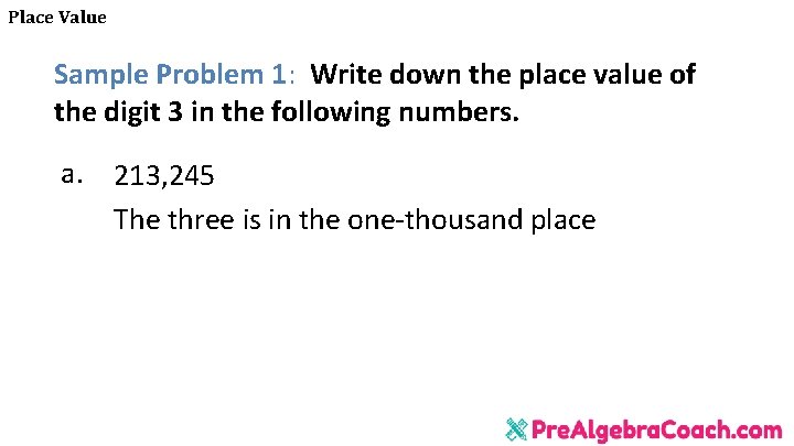 Place Value Sample Problem 1: Write down the place value of the digit 3