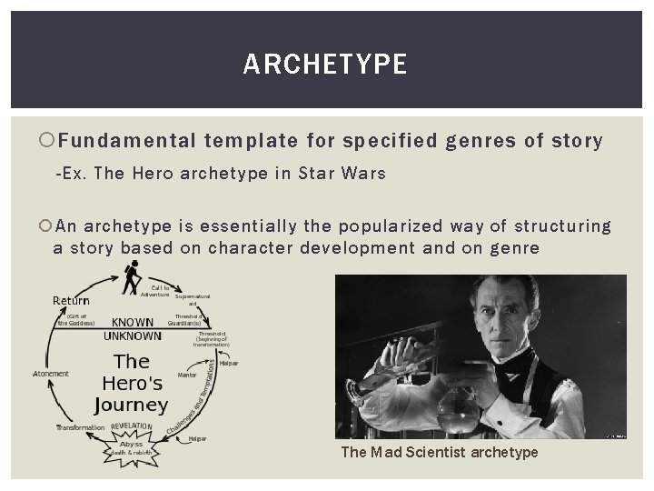 ARCHETYPE Fundamental template for specified genres of story -Ex. The Hero archetype in Star