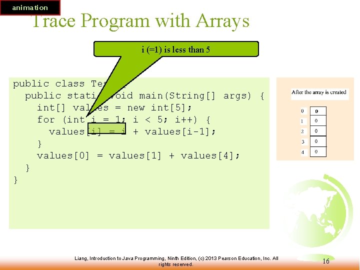animation Trace Program with Arrays i (=1) is less than 5 public class Test