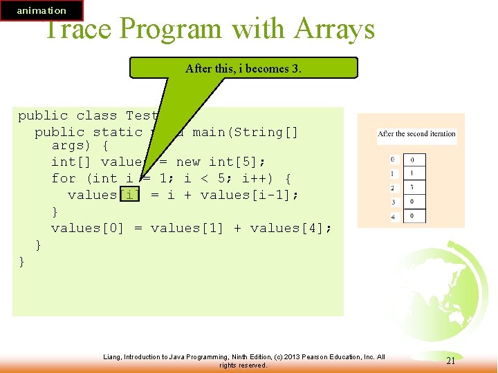 animation Trace Program with Arrays After this, i becomes 3. public class Test {
