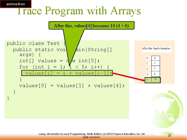 animation Trace Program with Arrays After this, values[4] becomes 10 (4 + 6) public
